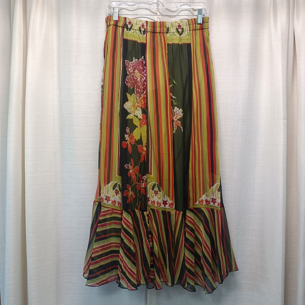 Anii by Natural Malaga Floral Stripe Maxi Skirt Green Orange Boho Rayon L NWT